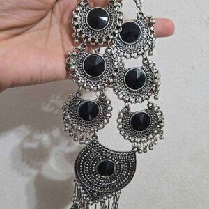 Statement Silver Necklace with Black Stones – Boho / Ethnic Style